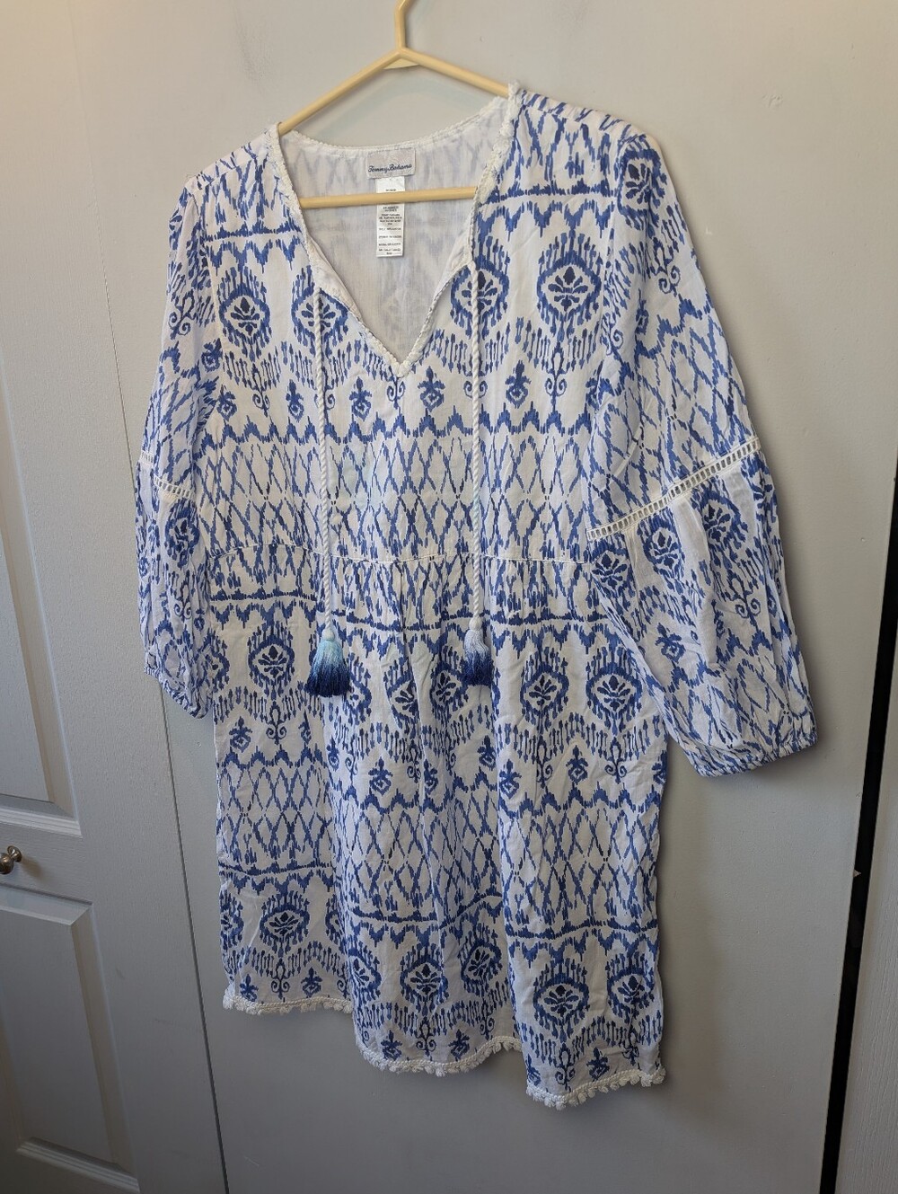 TOMMY BAHAMA Mini Summer Beach Dress Women Size M Boho 100% Cotton Blue White